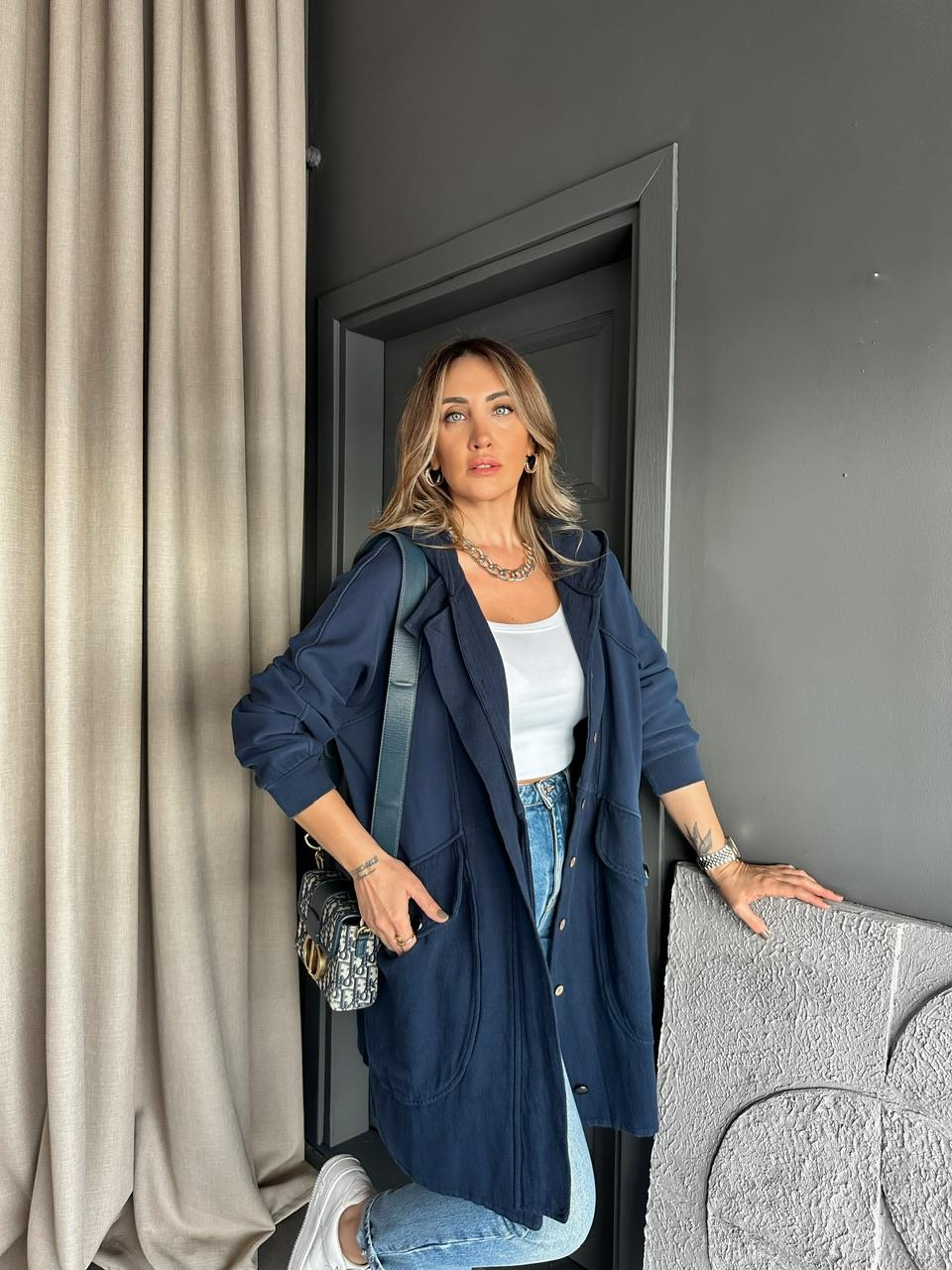 Lacivert Geniş Cepli Cotton Trençkot