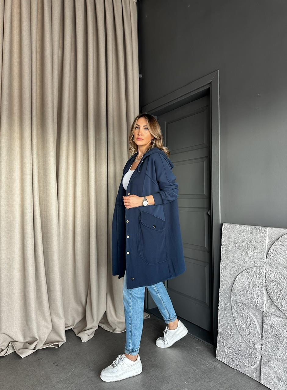 Lacivert Geniş Cepli Cotton Trençkot