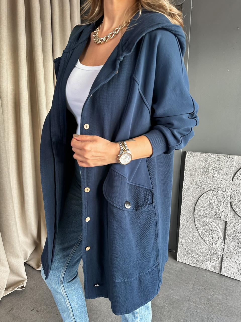 Lacivert Geniş Cepli Cotton Trençkot