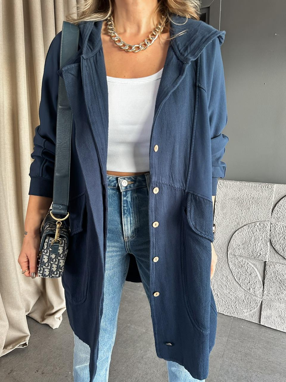 Lacivert Geniş Cepli Cotton Trençkot