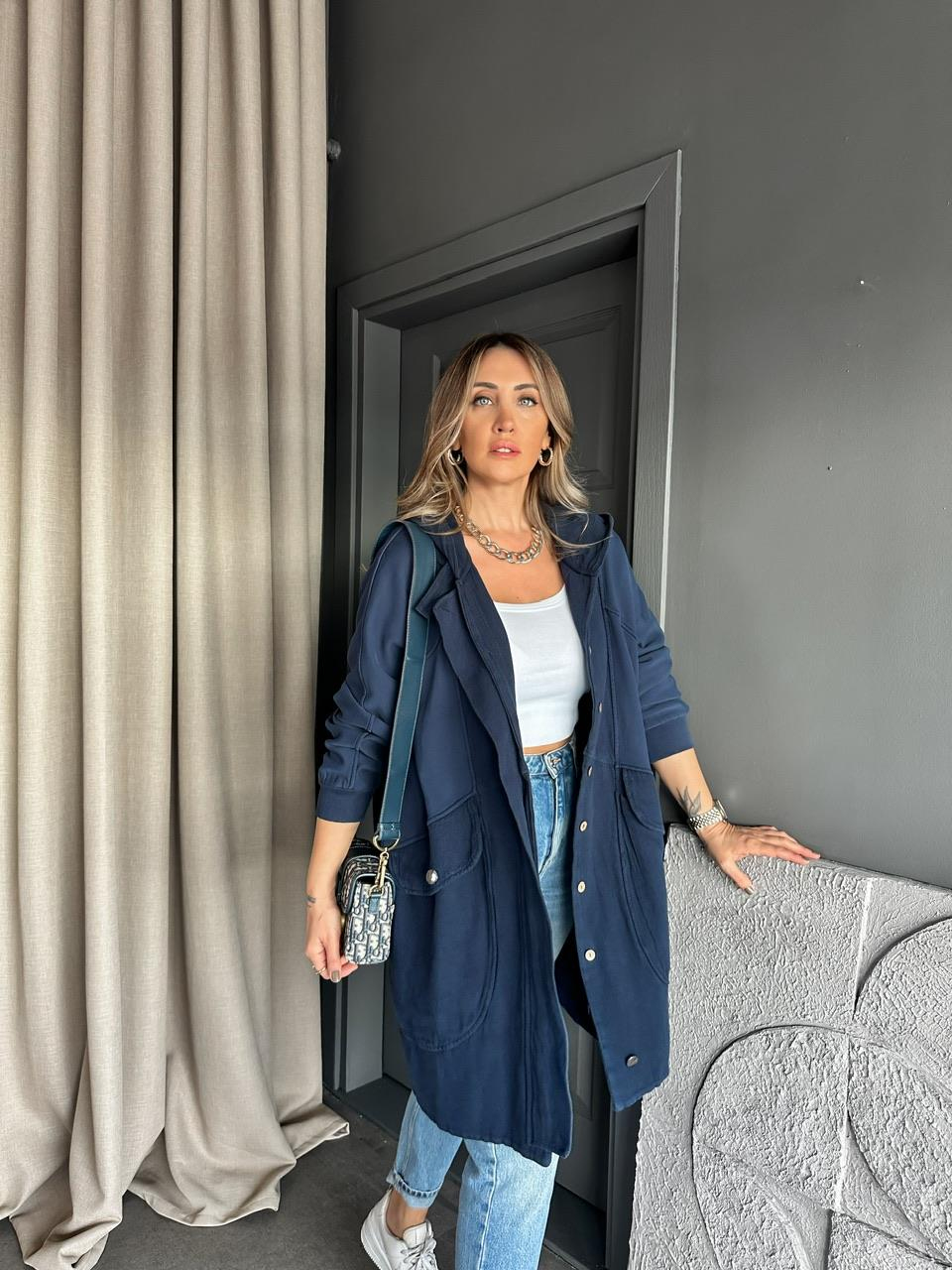 Lacivert Geniş Cepli Cotton Trençkot
