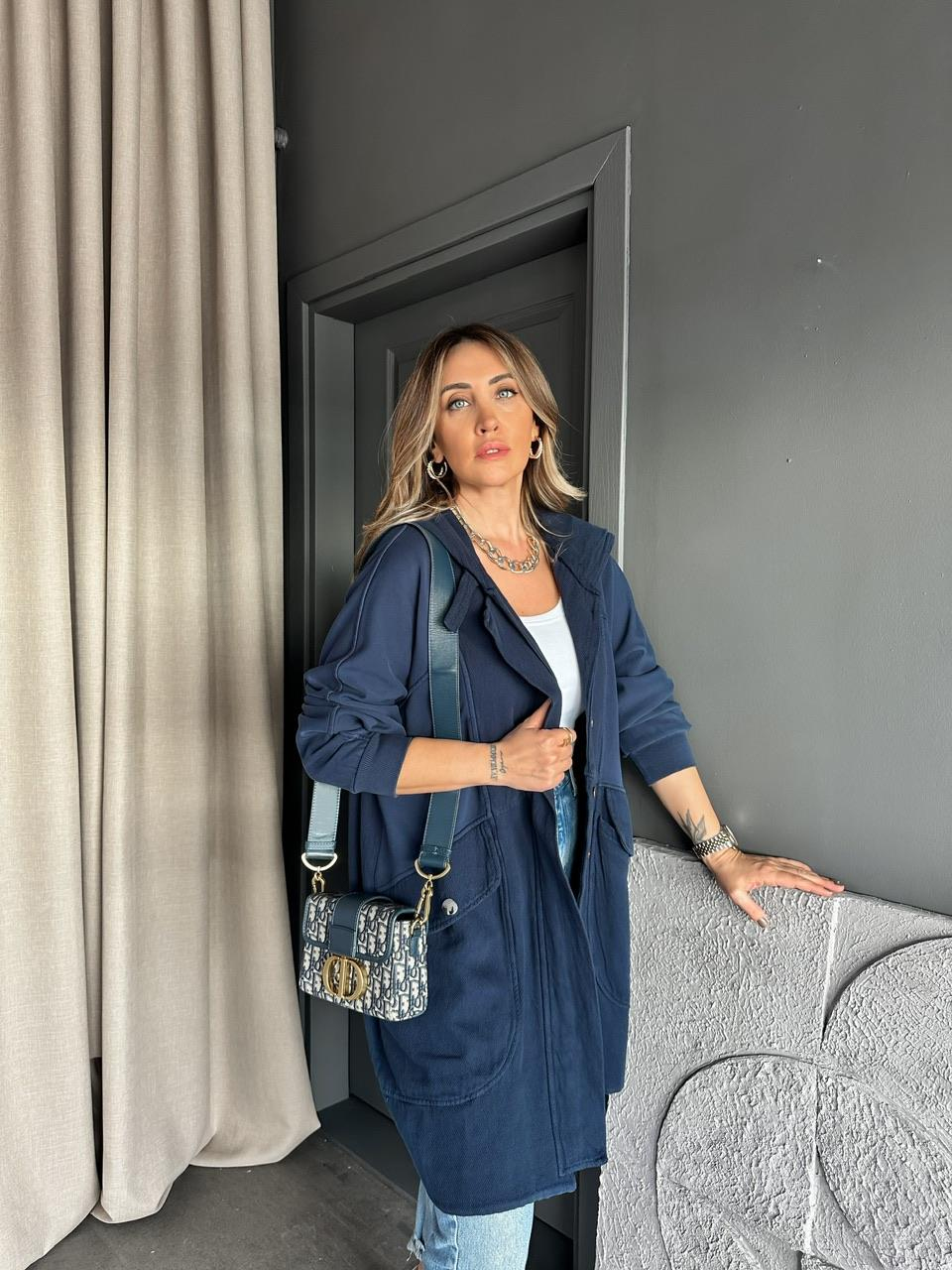 Lacivert Geniş Cepli Cotton Trençkot