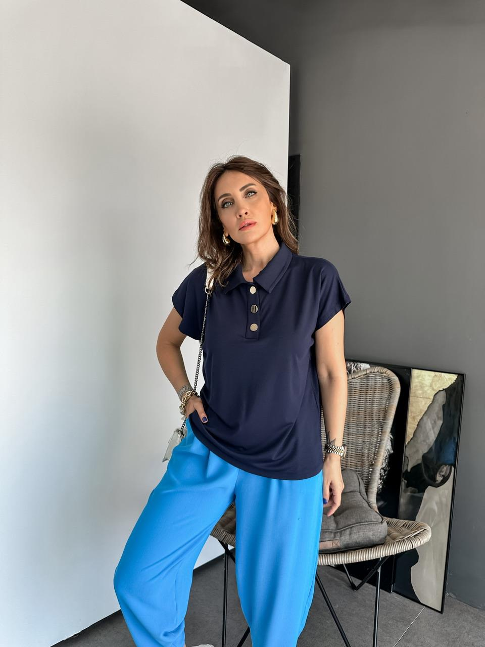Lacivert Gold Düğmeli Modal Tshirt