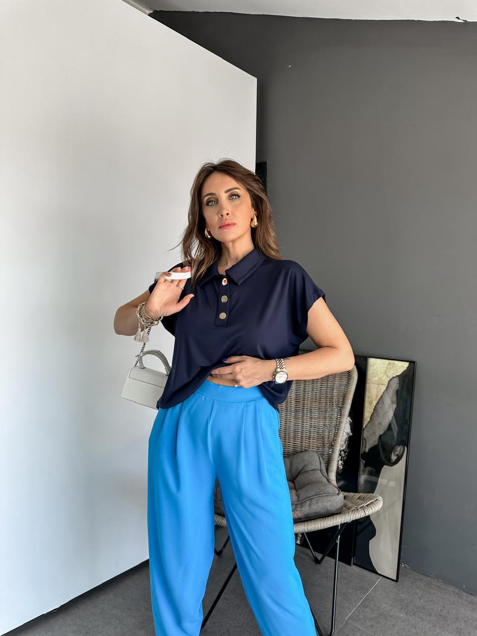 Lacivert Gold Düğmeli Modal Tshirt