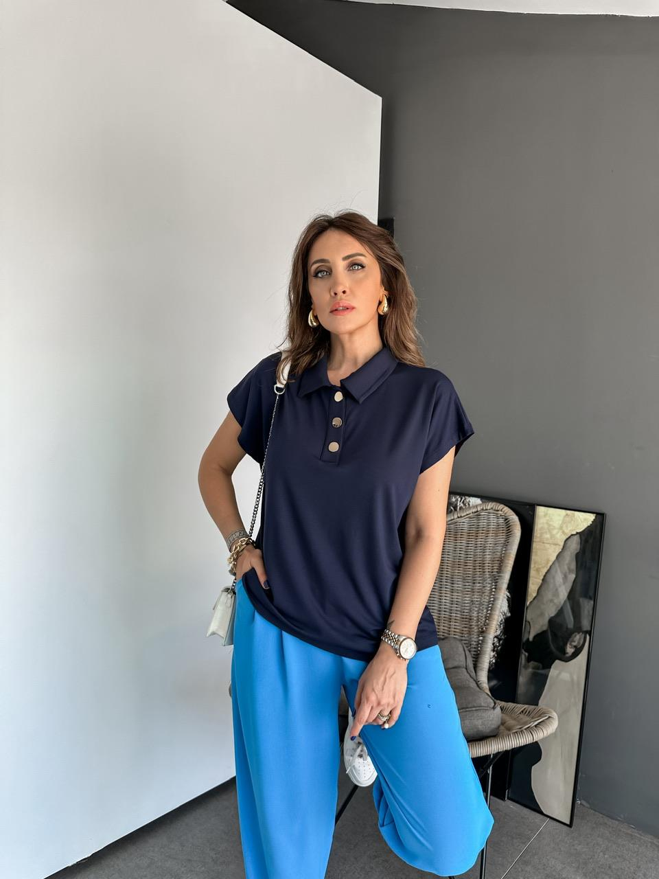 Lacivert Gold Düğmeli Modal Tshirt