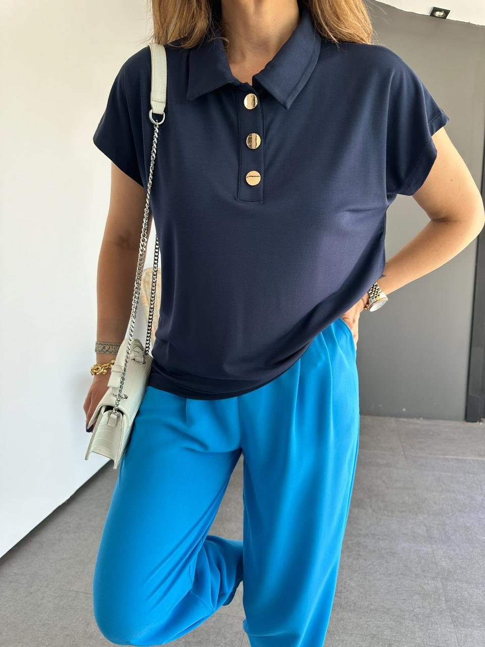 Lacivert Gold Düğmeli Modal Tshirt