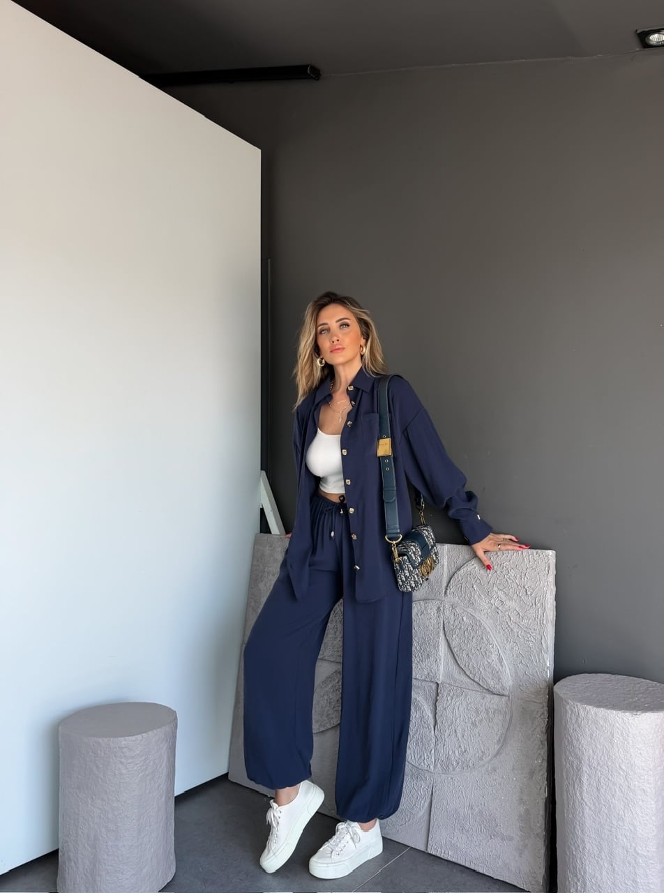 Lacivert Gold Düğmeli Şalvarlı Takım