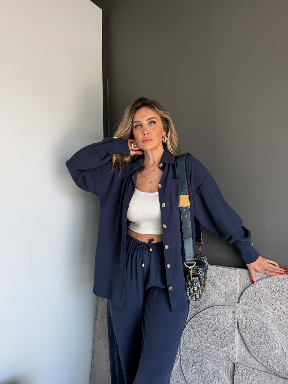 Lacivert Gold Düğmeli Şalvarlı Takım