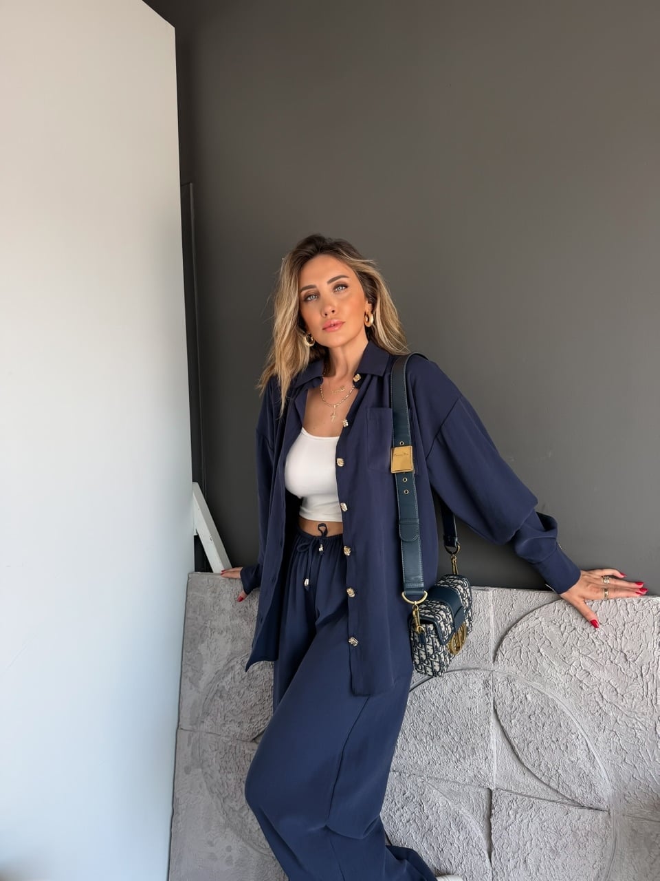 Lacivert Gold Düğmeli Şalvarlı Takım