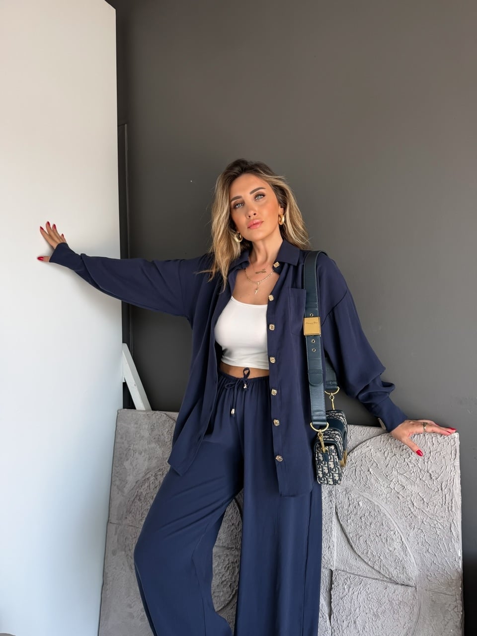 Lacivert Gold Düğmeli Şalvarlı Takım