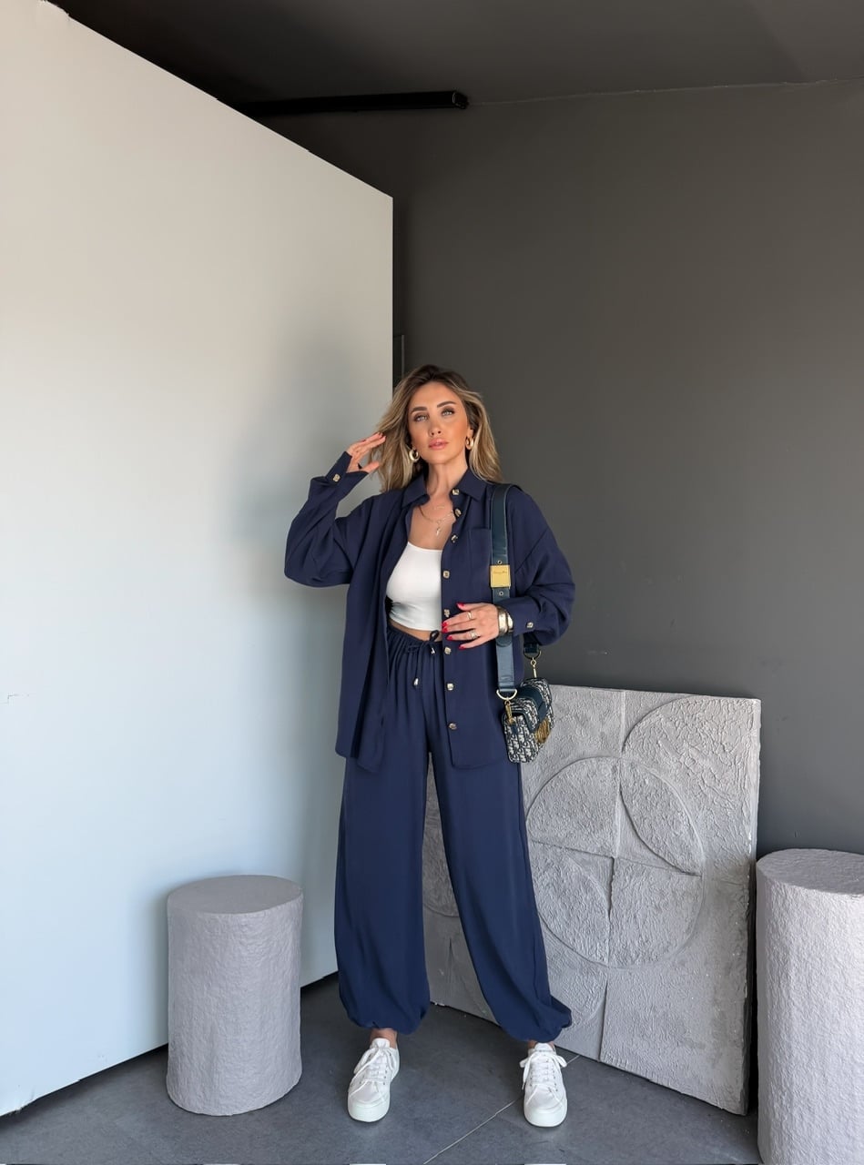 Lacivert Gold Düğmeli Şalvarlı Takım