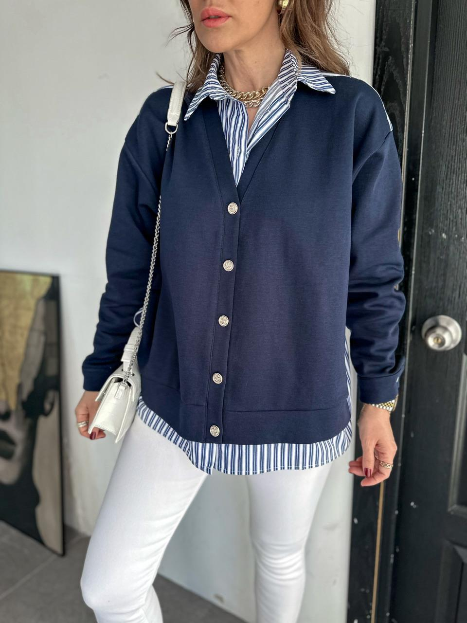 Lacivert Gömlek Detaylı Düğmeli Sweatshirt