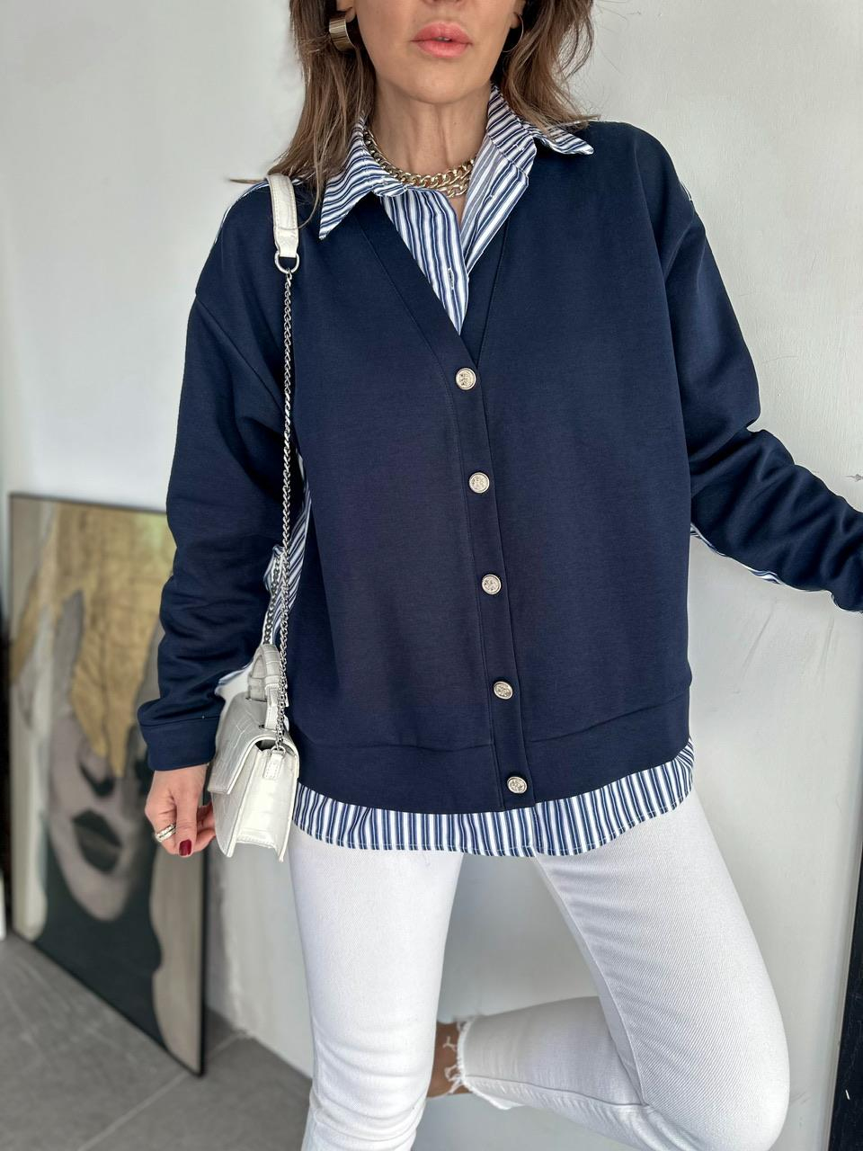 Lacivert Gömlek Detaylı Düğmeli Sweatshirt