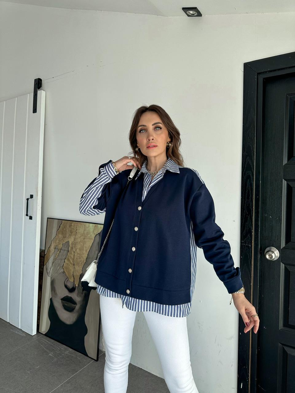 Lacivert Gömlek Detaylı Düğmeli Sweatshirt