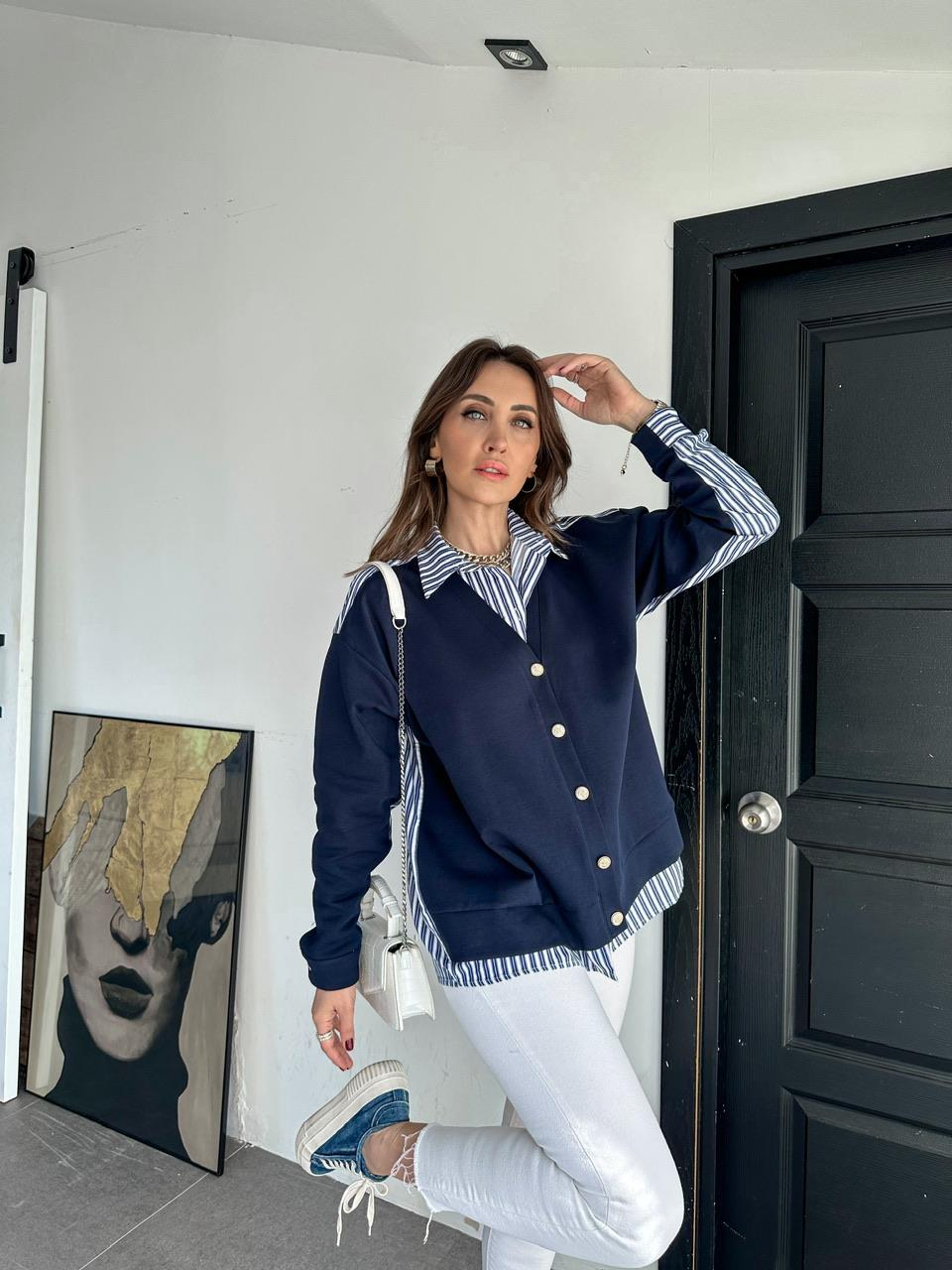 Lacivert Gömlek Detaylı Düğmeli Sweatshirt