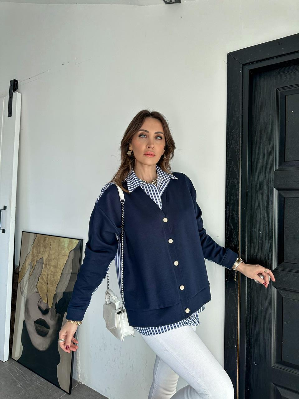Lacivert Gömlek Detaylı Düğmeli Sweatshirt