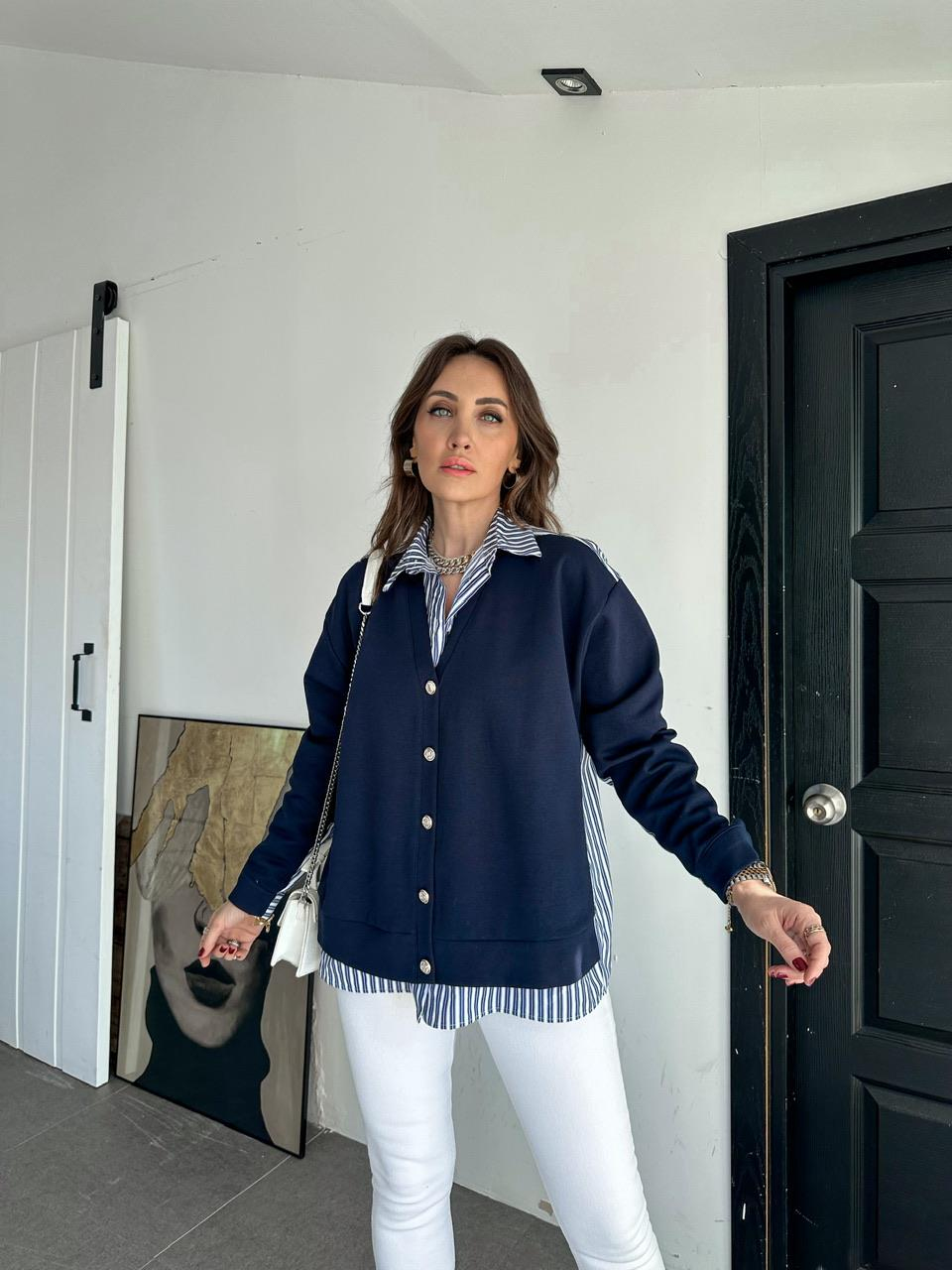 Lacivert Gömlek Detaylı Düğmeli Sweatshirt
