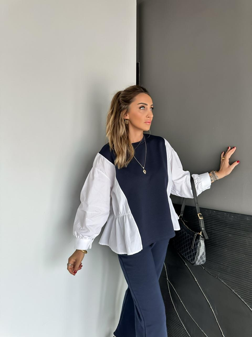 Lacivert Gömlek Detaylı Sweat Takım