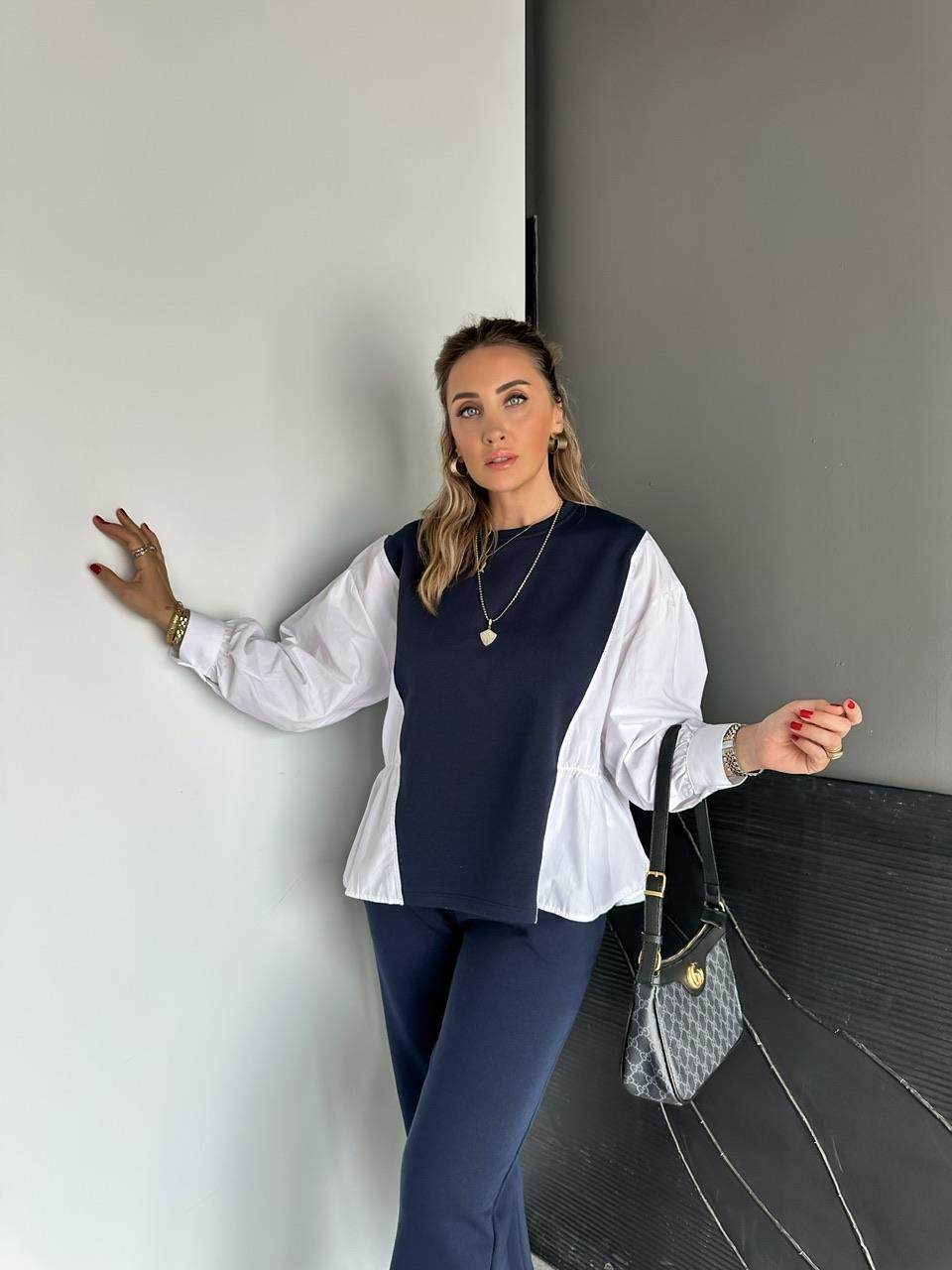 Lacivert Gömlek Detaylı Sweat Takım