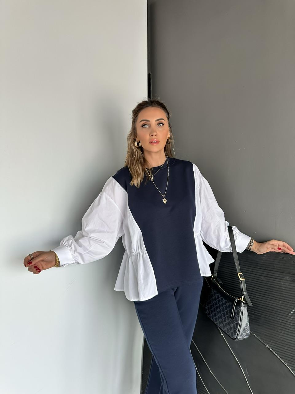 Lacivert Gömlek Detaylı Sweat Takım