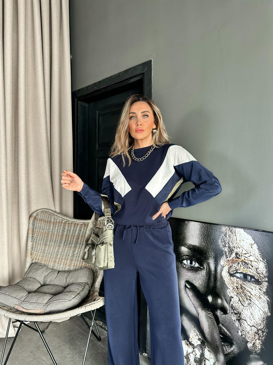 Lacivert Gömlek Kollu Tasarım Sweatshirt