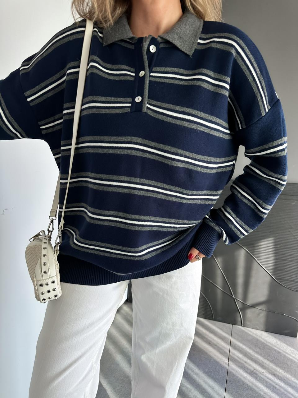Lacivert Gri Çizgili Polo Yaka Kazak