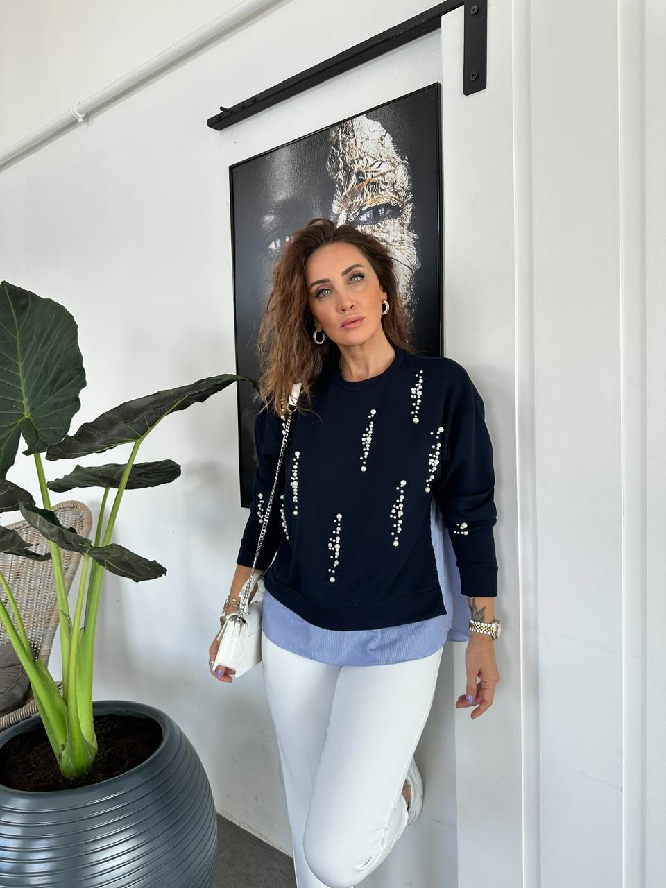 Lacivert İncili Tasarım Sweatshirt