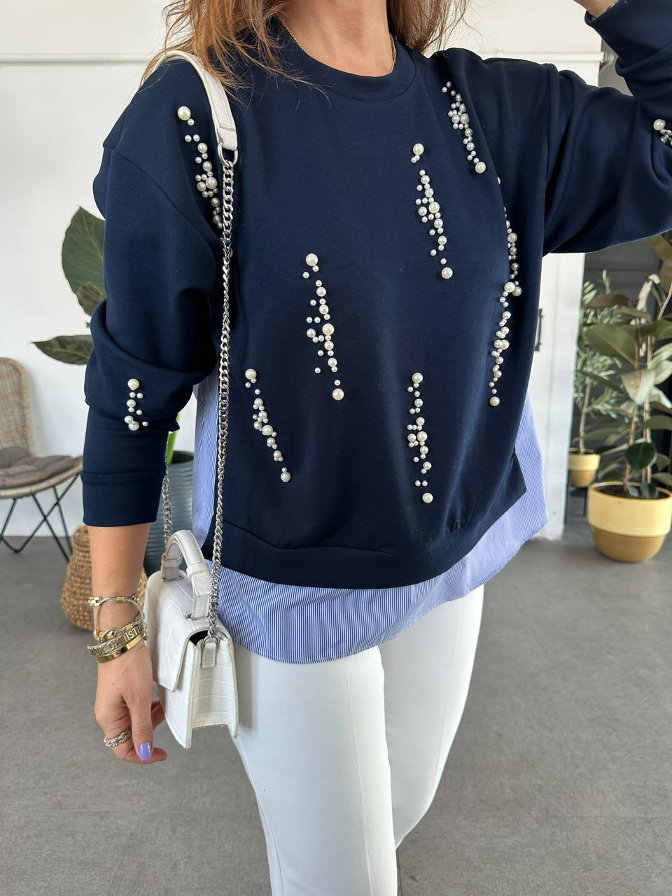 Lacivert İncili Tasarım Sweatshirt