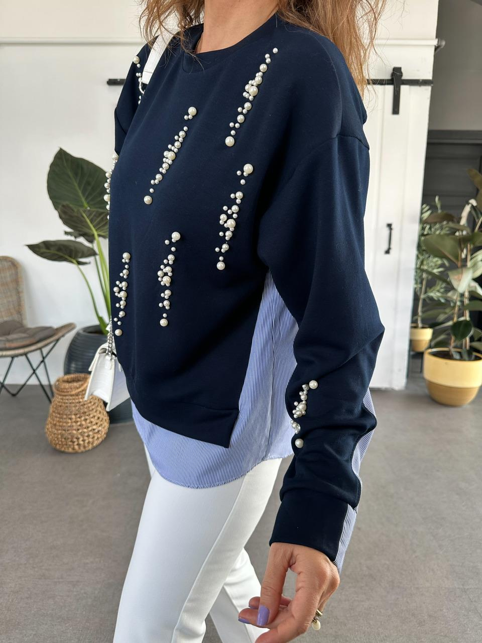 Lacivert İncili Tasarım Sweatshirt