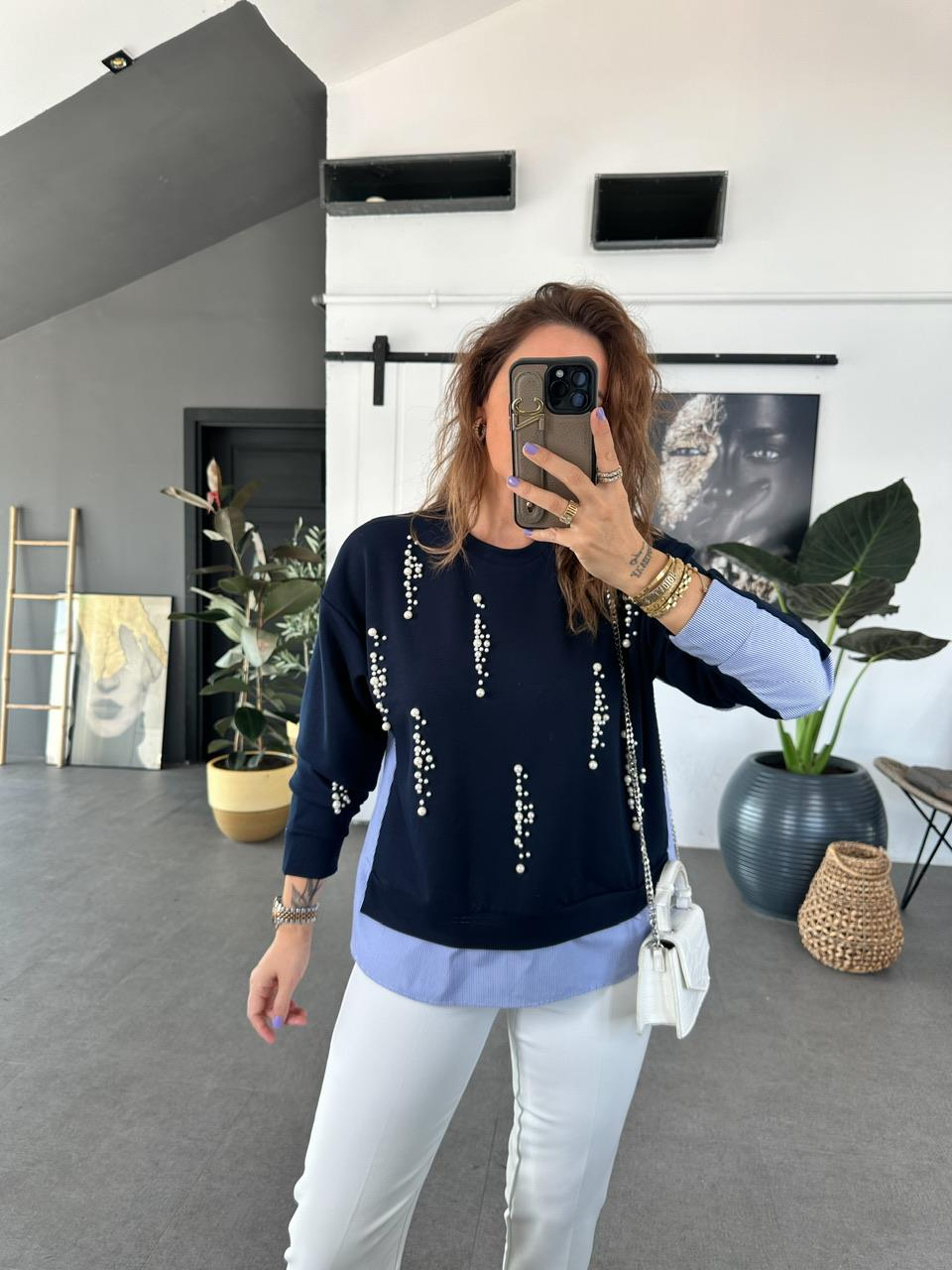 Lacivert İncili Tasarım Sweatshirt