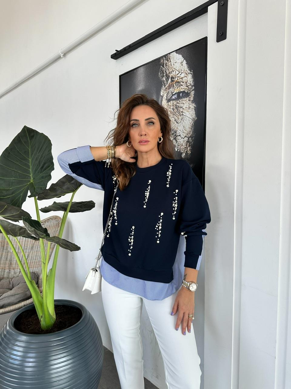 Lacivert İncili Tasarım Sweatshirt