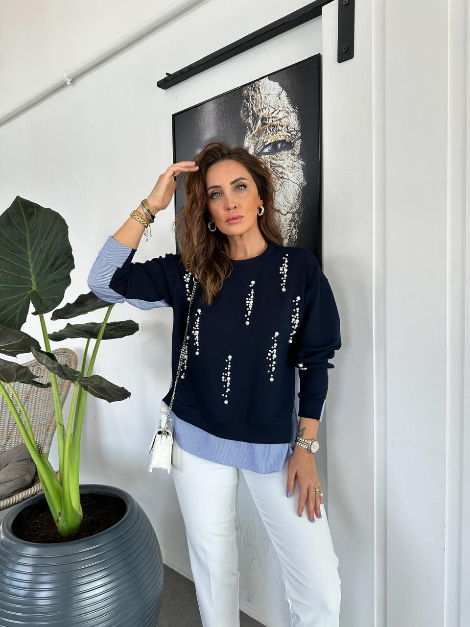 Lacivert İncili Tasarım Sweatshirt
