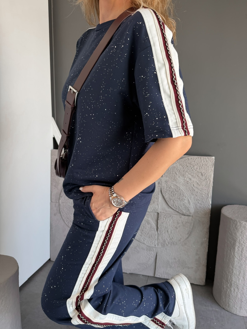 Lacivert Işıltılı Biyeli Takım