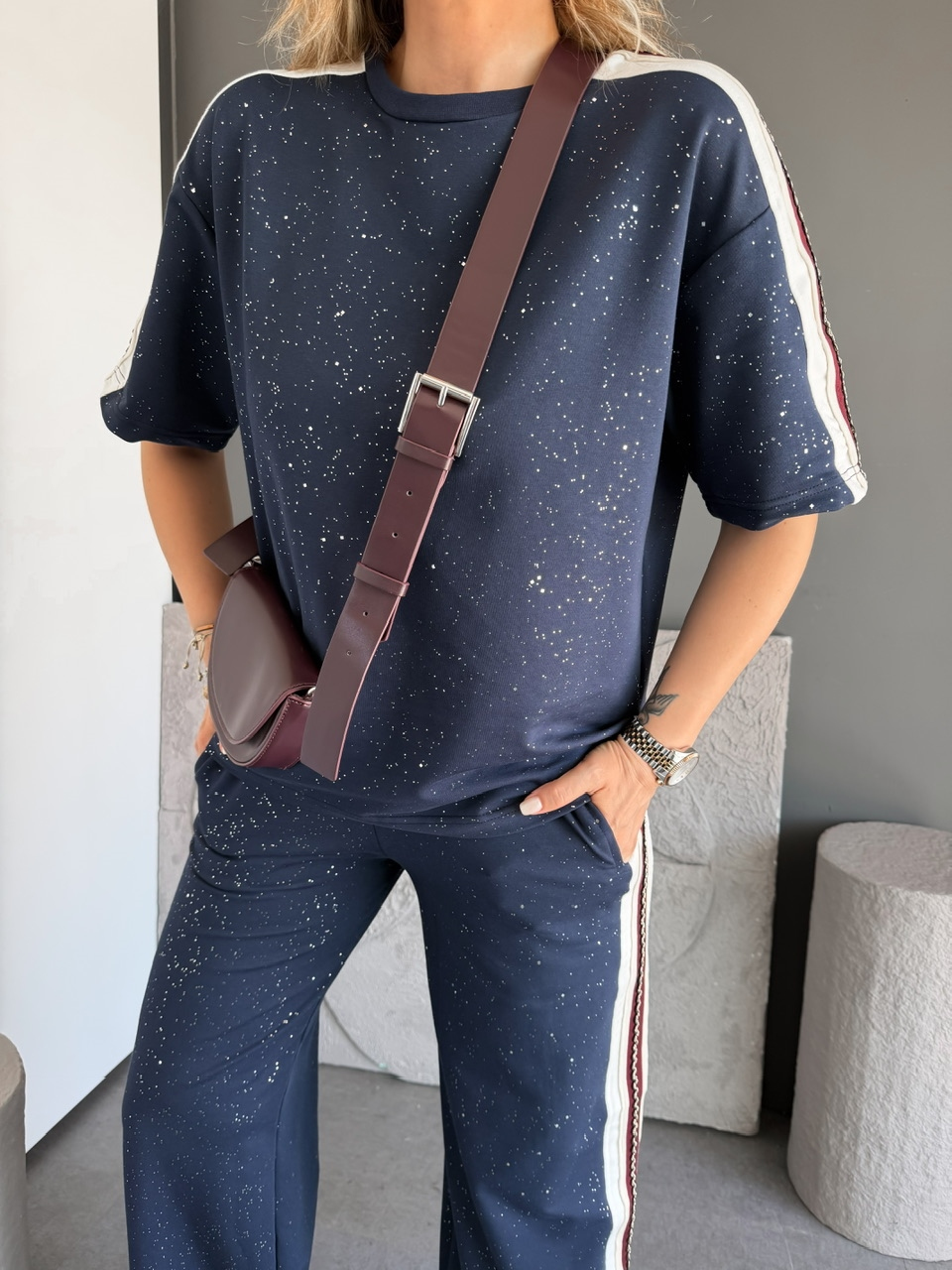 Lacivert Işıltılı Biyeli Takım