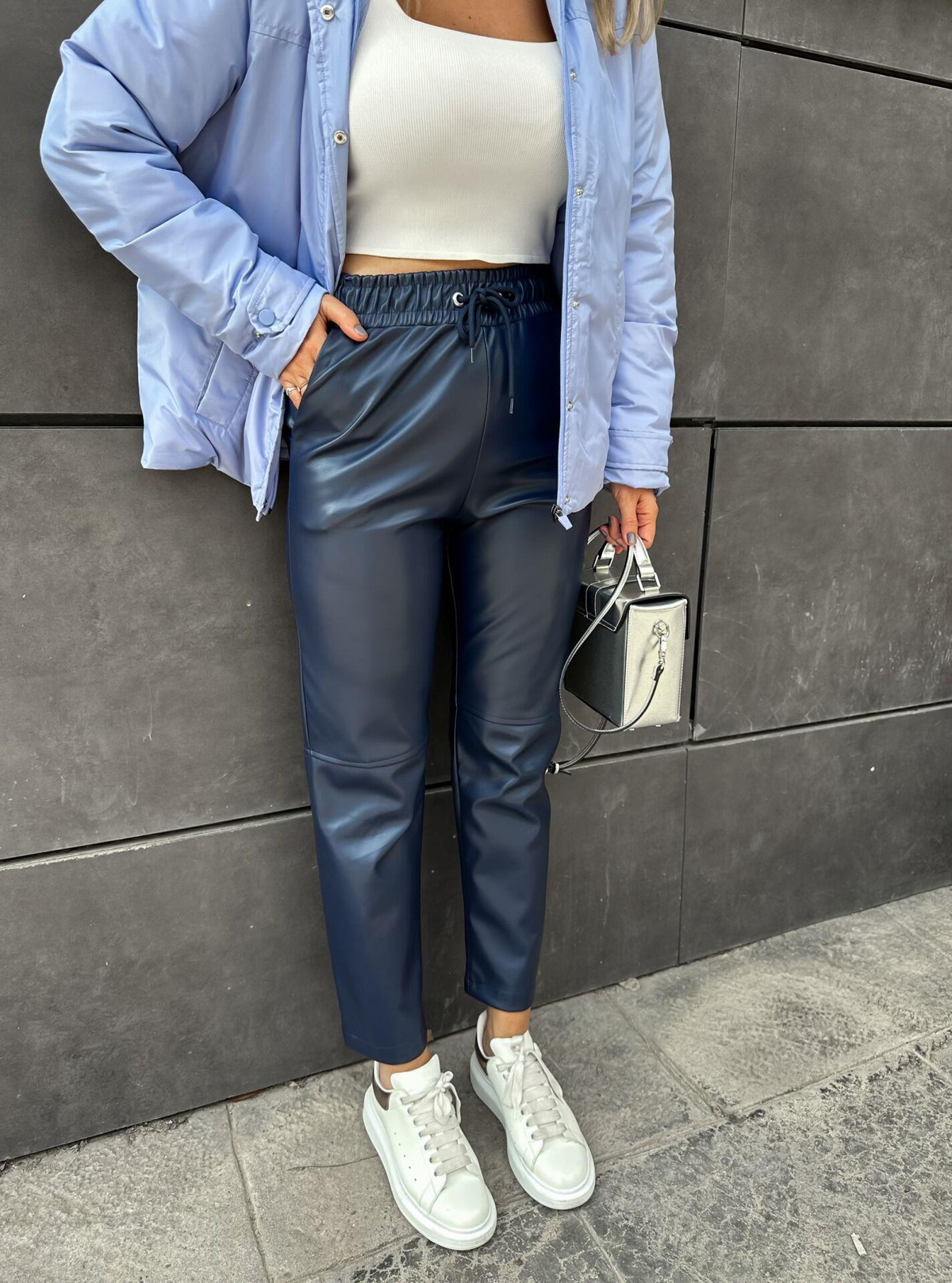 Lacivert Jogger Deri Pantolon