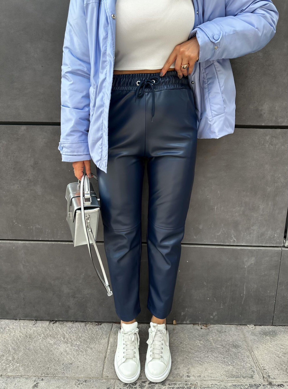 Lacivert Jogger Deri Pantolon
