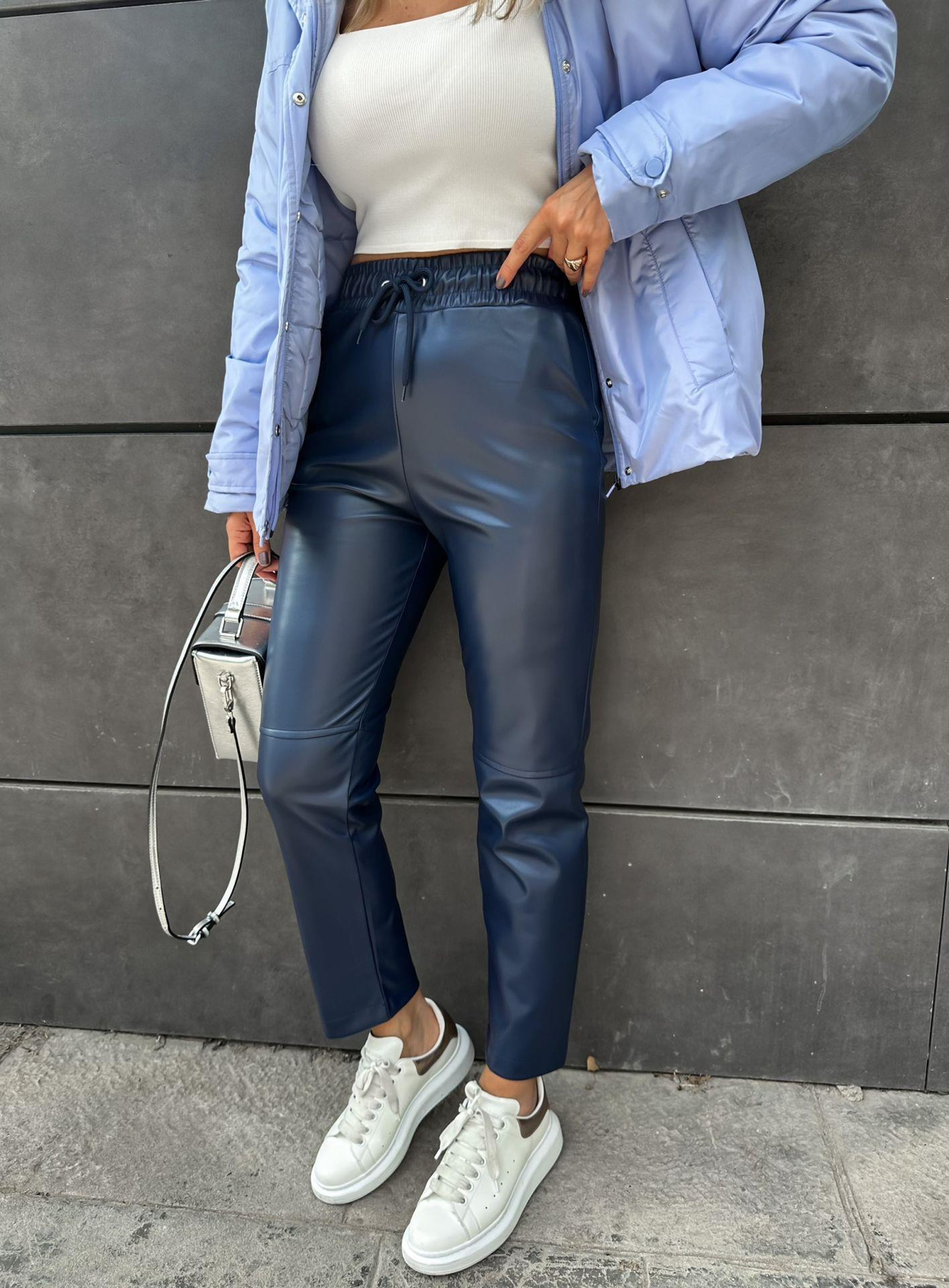 Lacivert Jogger Deri Pantolon