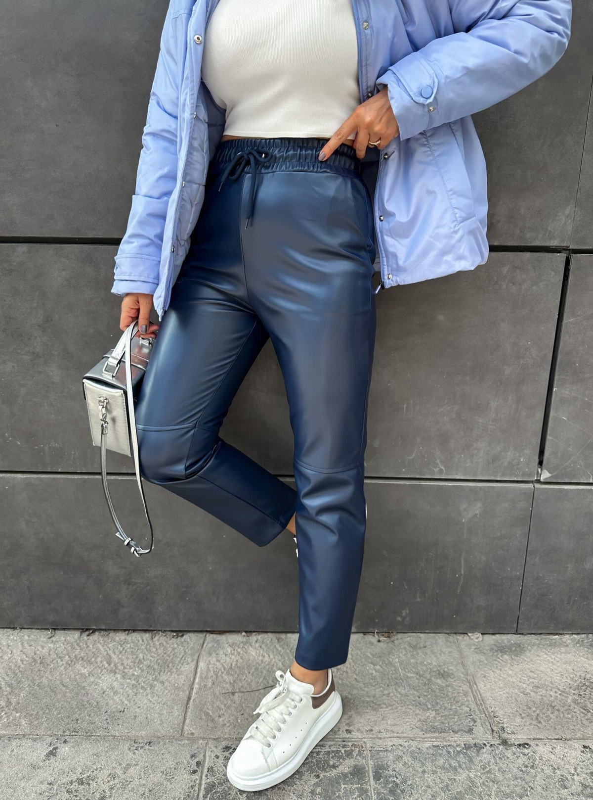 Lacivert Jogger Deri Pantolon