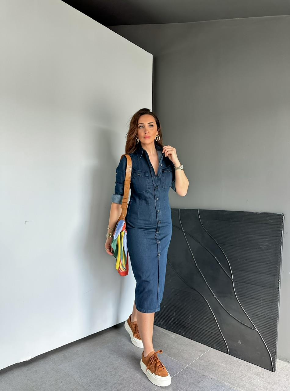 Lacivert Kapak Cepli Düğmeli Kot Elbise
