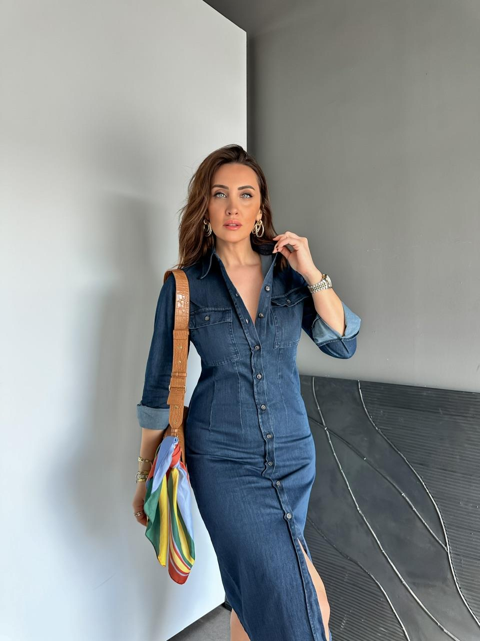 Lacivert Kapak Cepli Düğmeli Kot Elbise
