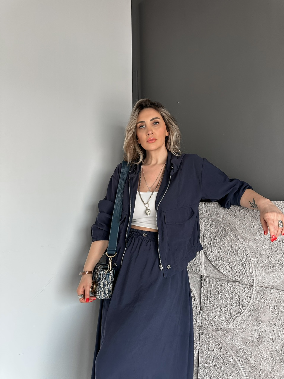 Lacivert Kapak Cepli Etekli Modal Takım