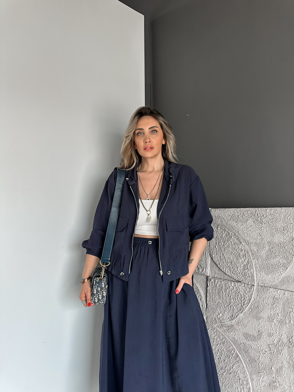 Lacivert Kapak Cepli Etekli Modal Takım