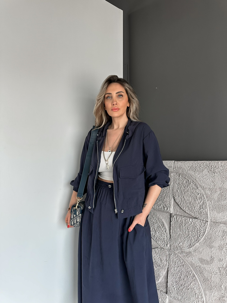 Lacivert Kapak Cepli Etekli Modal Takım