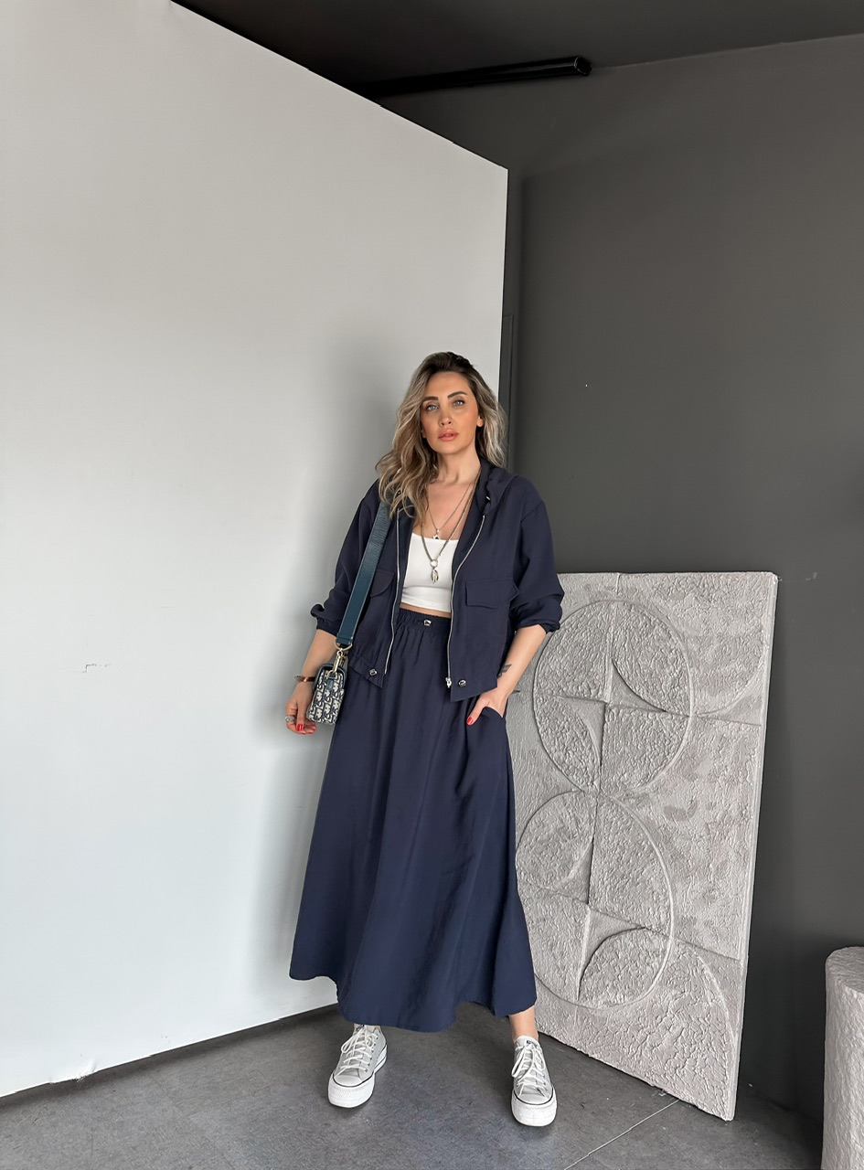 Lacivert Kapak Cepli Etekli Modal Takım