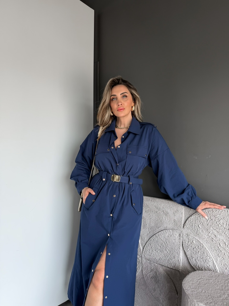 Lacivert Kemerli Çıtçıtlı Gömlek Elbise