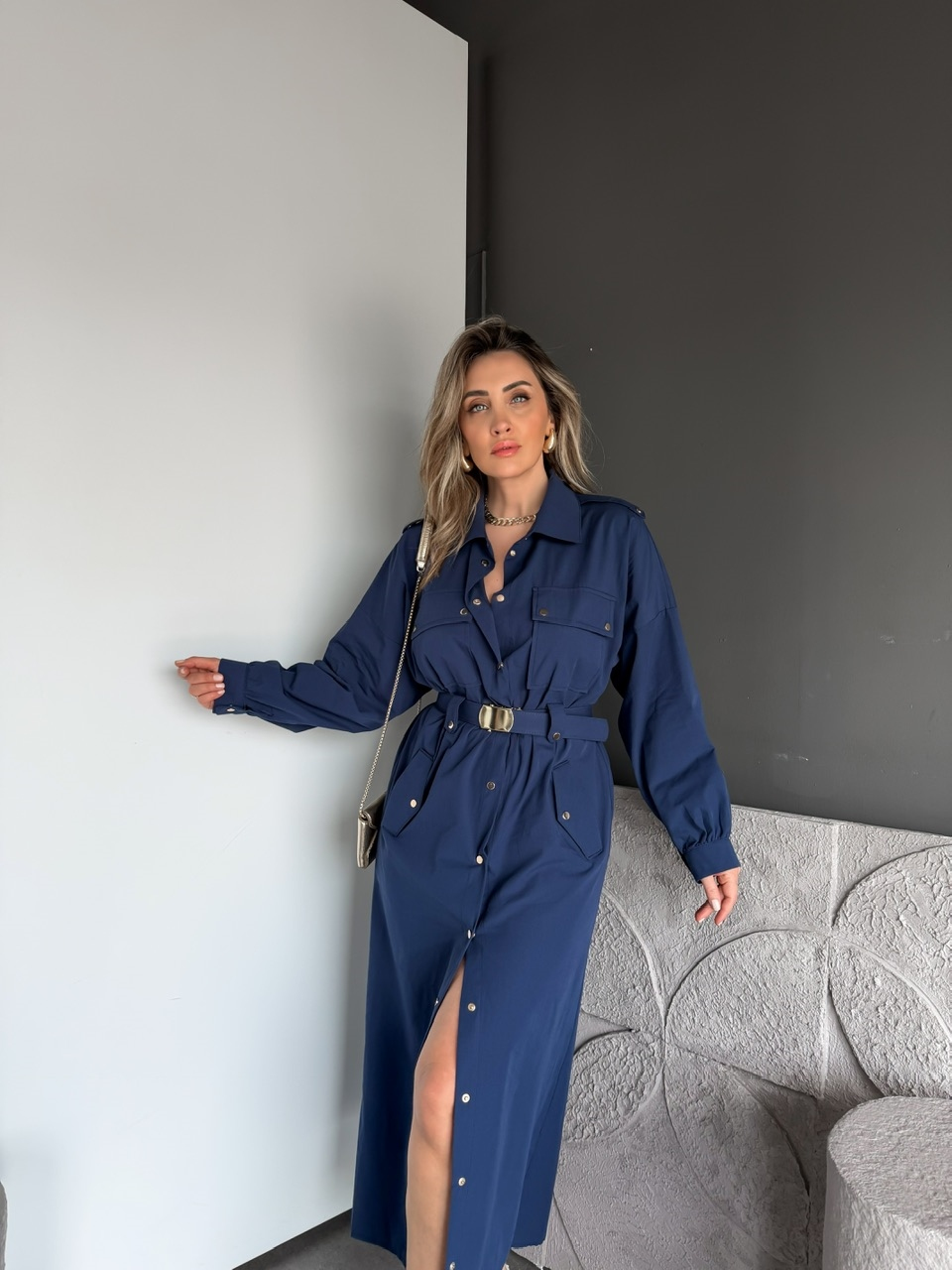 Lacivert Kemerli Çıtçıtlı Gömlek Elbise