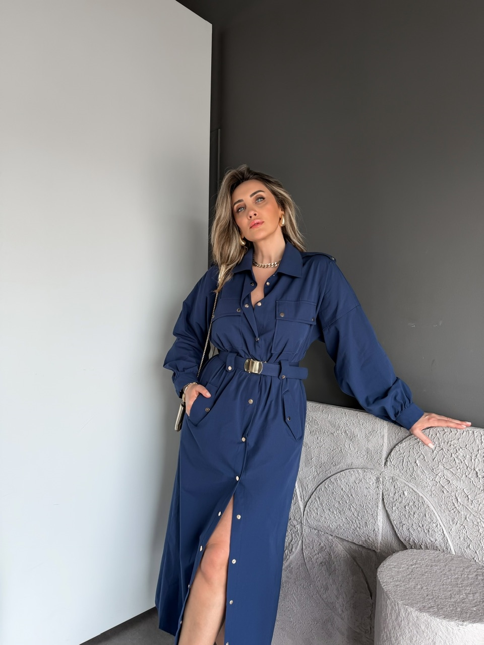 Lacivert Kemerli Çıtçıtlı Gömlek Elbise