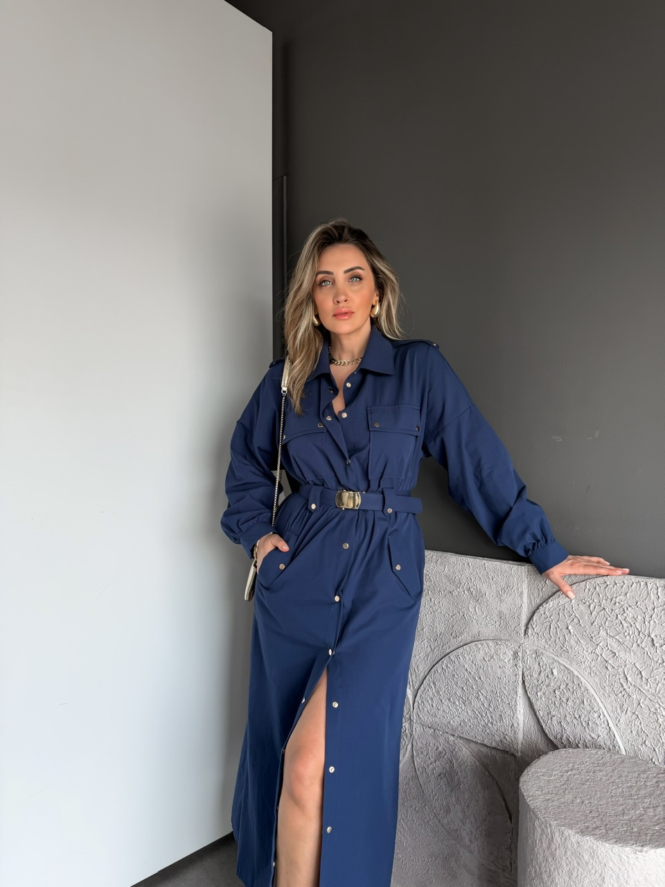 Lacivert Kemerli Çıtçıtlı Gömlek Elbise