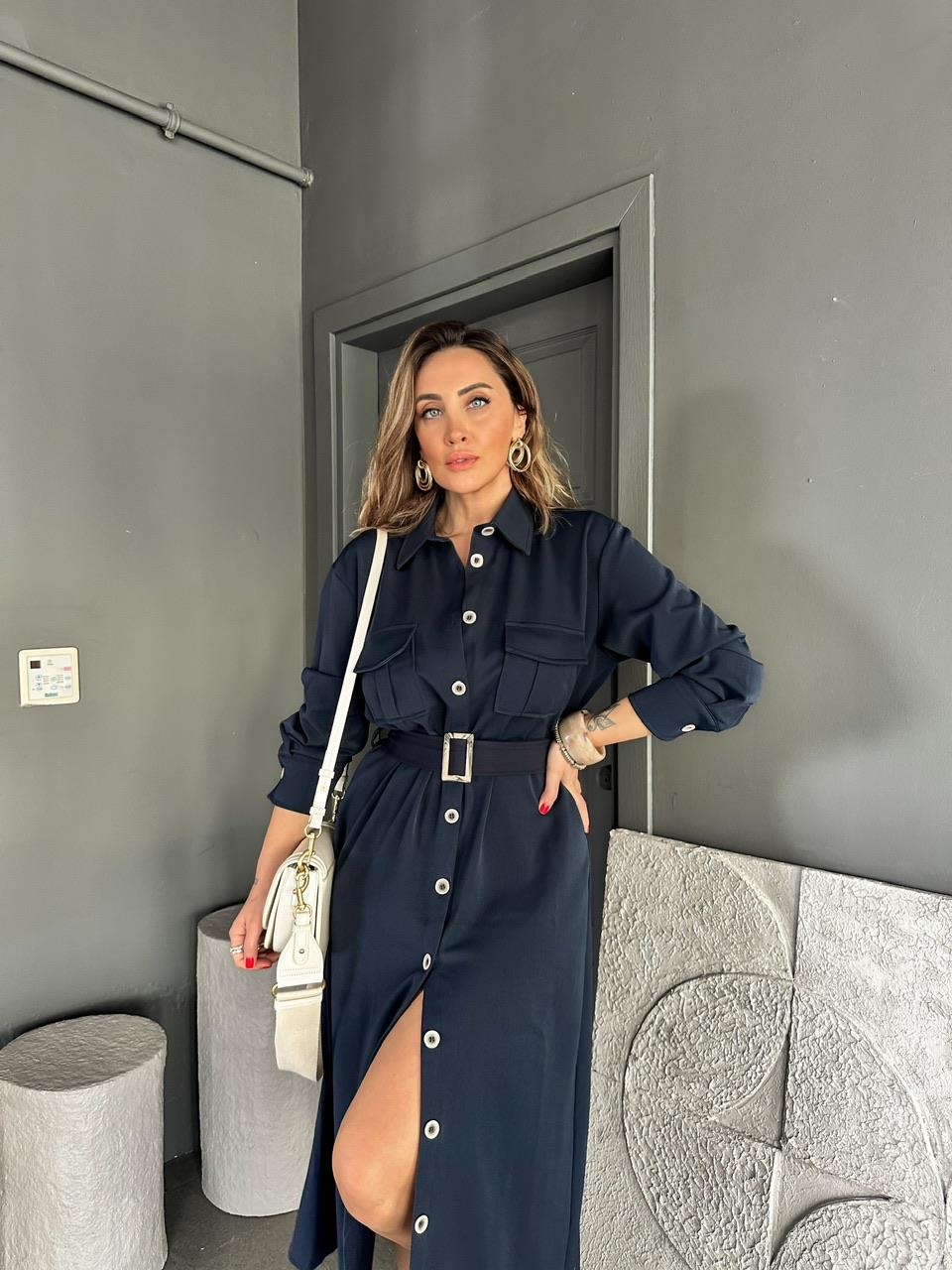 Lacivert Kemerli Düğmeli Orijinal Elbise
