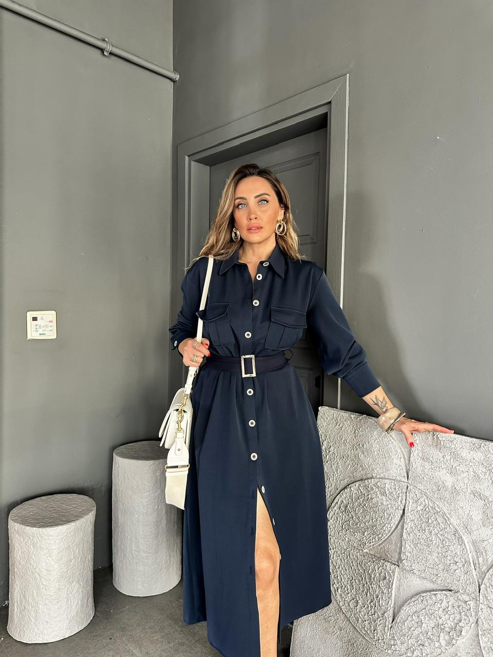 Lacivert Kemerli Düğmeli Orijinal Elbise